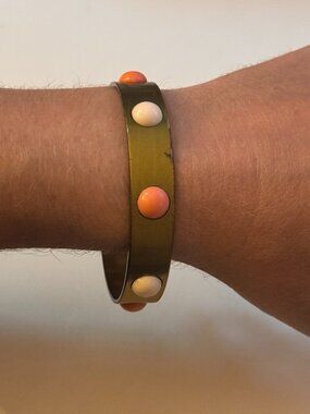 Gerard Yosca 7" Brass Bangle Bracelet w/ Coral & White Cabochons